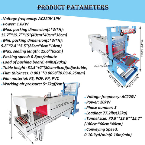 2 In 1 Commercial Shrink Wrap Sealer And Cutter No Sweat Plastic Film Sleeve Packing Machine Heavy Duty 220V with dimensions and specifications.