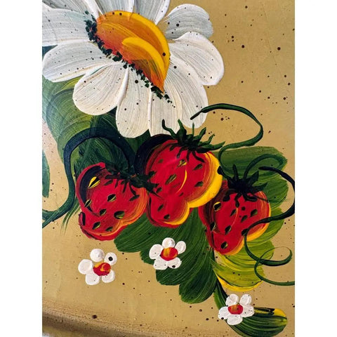 Close-up of hand-painted strawberries and flowers on lazy susan; Hand Painted Strawberry Lazy Susan 19.5 Inch For Farmhouse Kitchen Decor And Organization