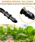 120 Piece Barbed Coupling Fittings Set For 1 Quarter Inch Drip Irrigation Tubing with close-up of barbed connector and plants