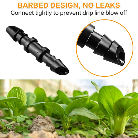 120 Piece Barbed Coupling Fittings Set For 1 Quarter Inch Drip Irrigation Tubing with close-up of barbed connector and plants