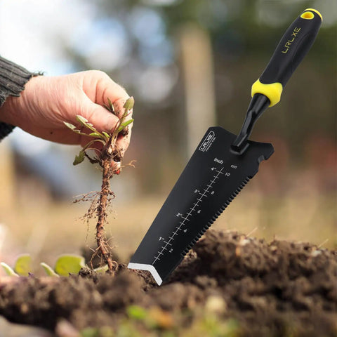 Heavy Duty Stainless Steel Garden Shovel With Serrated Edge For Digging And Transplanting V Shaped Tip in use, yellow handle