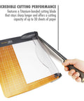 Person using Heavy Duty 12 Inch TrimAir Wood Guillotine Paper Cutter With 30 Sheet Capacity And Titanium Bonded Blade for paper trimming.