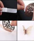 Four images showing Rose Gold 3D Butterfly Wall Decals Set In Mixed Sizes 12Cm 10Cm And 8Cm With Adhesive Dots for easy application.