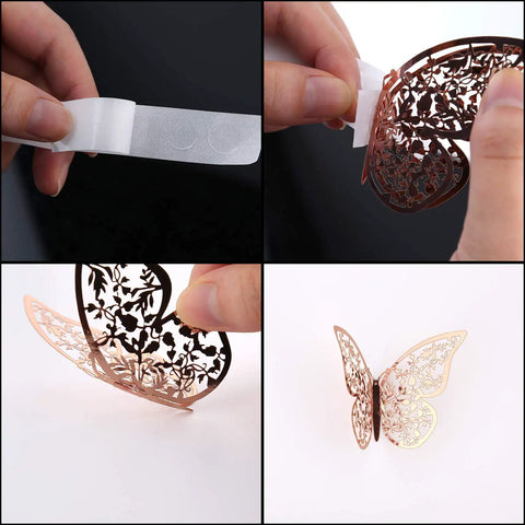 Four images showing Rose Gold 3D Butterfly Wall Decals Set In Mixed Sizes 12Cm 10Cm And 8Cm With Adhesive Dots for easy application.