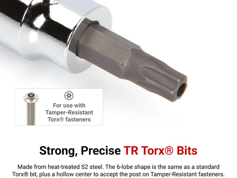 Close-up of S2 steel TR Torx bit from Three Eighths Inch Drive Tamper-Resistant Torx Bit Socket Set With Rail, TR10-TR60