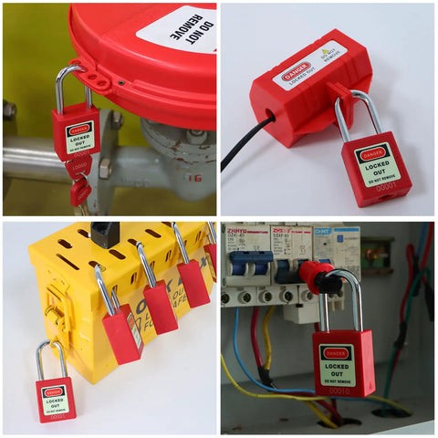 Lockout Tagout Locks Set With Ten Red Padlocks Keyed Differently Two Keys Per Lock OSHA Compliant Safety Locks For Electrical Lockout Tag Out Kits Industrial Grade Non Conductive Thermoplastic Unibody Beefy Heavy Duty Durability For Industrial Use shown in various installations.