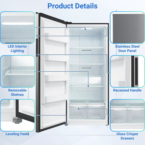 No Sweat 21 Cubic Foot Upright Convertible Freezer And Refrigerator With Built Tough Stainless Steel Exterior showcasing interior features like LED lighting and removable shelves.