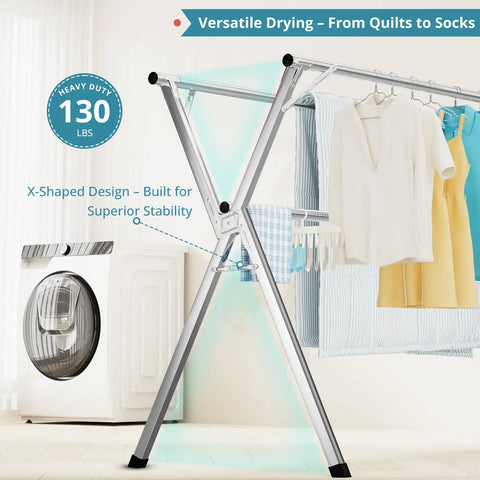 Straight Up Heavy Duty Clothes Drying Rack With Windproof Hooks Foldable Stainless Steel Laundry Stand for Indoor Outdoor Use showing X-shaped design with garments.