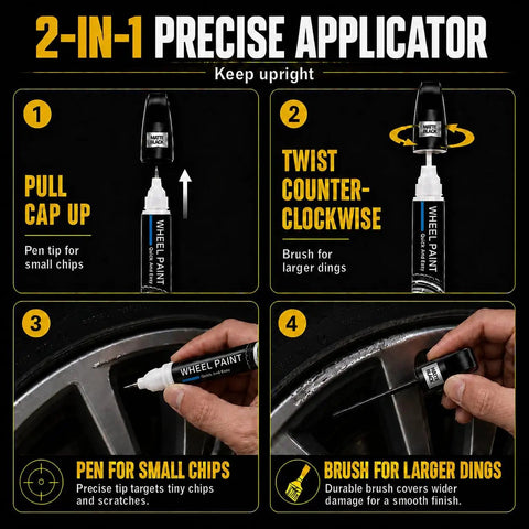 2-in-1 precise applicator for Gloss Black Rim Touch Up Paint And Wheel Scratch Repair Kit For Curb Rash Quick Dry Auto Wheel Refinisher.