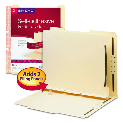 Self-Adhesive Folder Divider With 1-Inch Twin Prong Fastener For Letter-Size Manila Folders, 25 Per Pack, shown installed