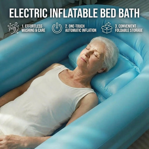 Portable Air Inflatable Bath Tub for Bedridden Patients with Bedside Shower Bag and Electric Air Pump All In One No Fuss Caregiver Kit for Hassle Free Full Body Bathing Comfy Safe Top Shelf Experience, featuring automatic inflation and soft material.