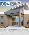 Modern industrial building exterior with '100% Made in the USA' text highlighting domestic production of ceramic paint sealants.