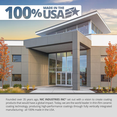 Modern building exterior with 100% Made in the USA text, highlighting Ceramic Glass Coat Protectant For Windshields And Glass Surfaces