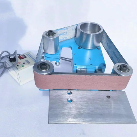 Heavy Duty Electric Belt Sander 750W Woodworking Workhorse With 915x50mm Belt, blue metal frame, sanding belt shown for industrial use.