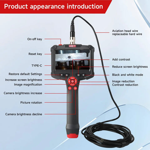 Front view of Handheld Workhorse Borescope Endoscope Tool with buttons and display, showing controls and cable connection UT665P-10M