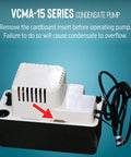 Little Giant VCMA-15UL condensate pump, front view; white top, black base, 6-ft power cord.