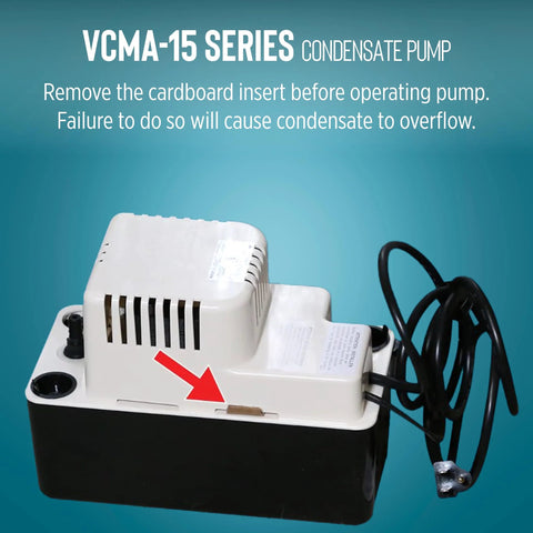 Little Giant VCMA-15UL condensate pump, front view; white top, black base, 6-ft power cord.