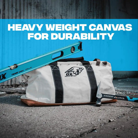Heavy Duty Canvas Tool Bag 24 Inch Wide With Reinforced Frame And Suede Leather Bottom, Rugged Masonry Straps, outdoor setting