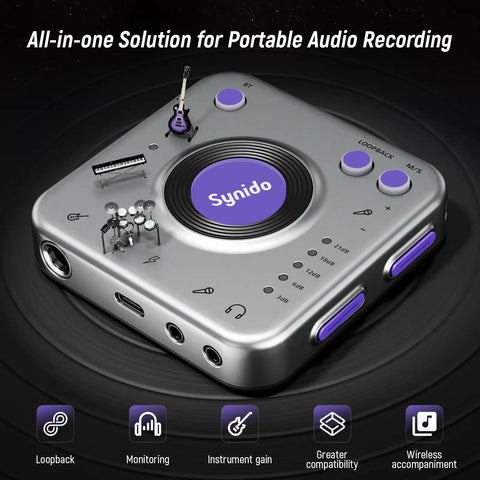 Portable Guitar Audio Interface 24Bit 96kHz USB C Gear with controls for loopback, headphone out, and monitoring features.