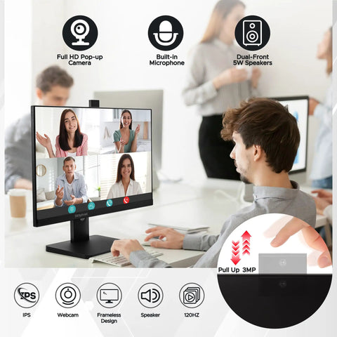 Frameless 23.8 Inch Business Webcam Monitor With 1080p IPS Display 120Hz Refresh Rate Built In 3MP Webcam Mic Array And Stereo Speakers