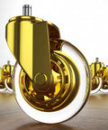 Top Shelf Roller Blade Office Chair Wheels Soft Polyurethane Desk Caster Set Of Five floor-saving golden wheels on wooden floor.
