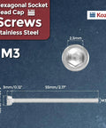 M3 X 55mm Socket Head Cap Screws 304 Stainless Steel Hex Key Drive showing dimensions and design for industrial use.