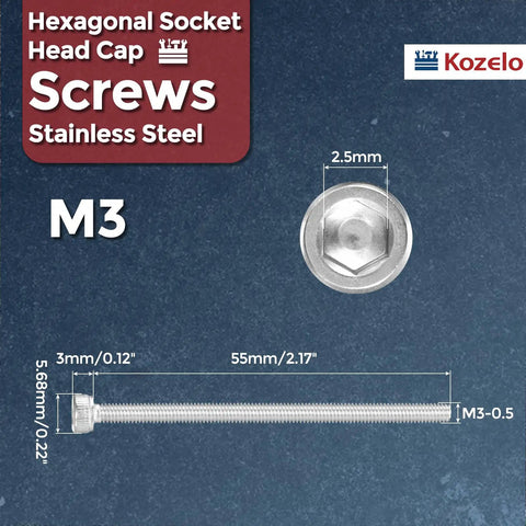 M3 X 55mm Socket Head Cap Screws 304 Stainless Steel Hex Key Drive showing dimensions and design for industrial use.