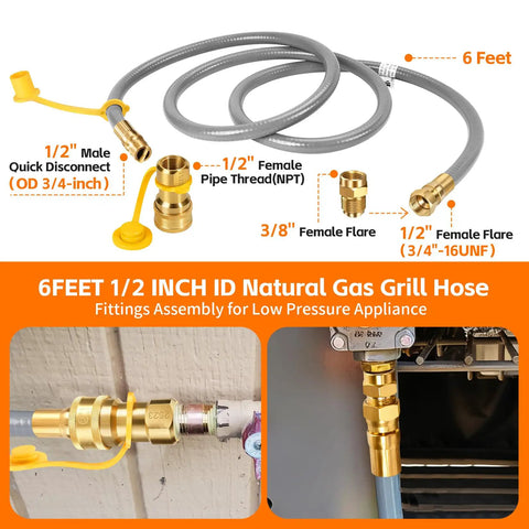 Six Foot 0.5 Inch Inner Diameter Natural Gas Hose With Quick Connect Fitting Low Pressure Ready Conversion Kit shown with fittings