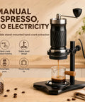 Portable Hand Crank Espresso Maker Kit With Secure Base Stand And Adjusting Pressure Settings Great For Campgrounds Roadtrips Or Garage Sessions Where You Just Want A Solid Cup Of Joe Anytime, with stable stand and glass container.