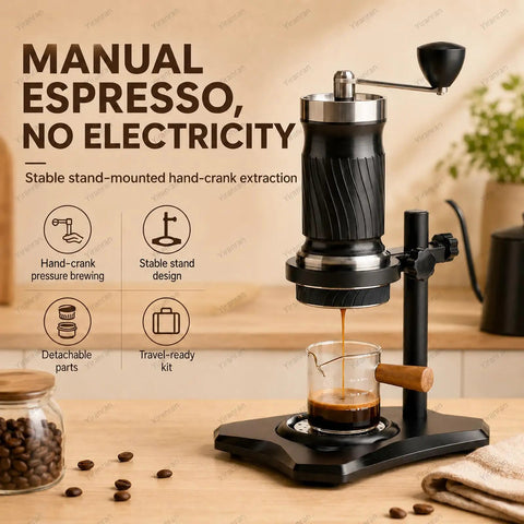 Portable Hand Crank Espresso Maker Kit With Secure Base Stand And Adjusting Pressure Settings Great For Campgrounds Roadtrips Or Garage Sessions Where You Just Want A Solid Cup Of Joe Anytime, with stable stand and glass container.