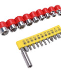 32Piece Pro Grade Drill Bits And Socket Set With Stainless Steel Heads showing 9 red sockets and 12 labeled bits