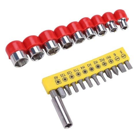 32Piece Pro Grade Drill Bits And Socket Set With Stainless Steel Heads showing 9 red sockets and 12 labeled bits