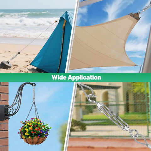Applications of M8 Hook And Eye Turnbuckle Set In 304 Stainless Steel Built Tough Beefy Ten Pack for tents, shades, fences, and hanging decor.