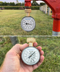 MEASUREMAN water pressure gauge installed on red irrigation pipe with brass 3/4 inch hose thread
Close-up MEASUREMAN gauge in hand; 2-1/2 in dial, brass fitting, waterproof case