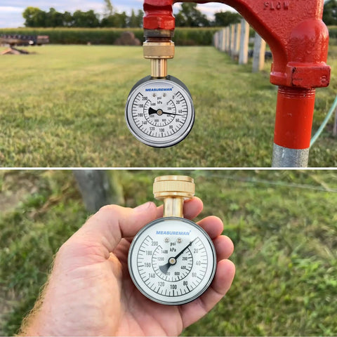 MEASUREMAN water pressure gauge installed on red irrigation pipe with brass 3/4 inch hose thread
Close-up MEASUREMAN gauge in hand; 2-1/2 in dial, brass fitting, waterproof case