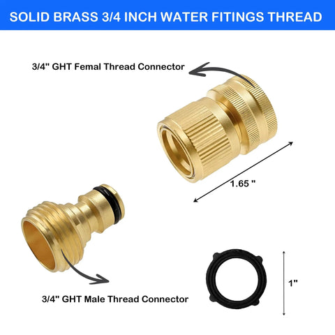 Solid Brass Garden Hose Quick Connectors Kit With Three Quarter Inch GHT Thread, Leak Free No Fuss Male And Female Fittings