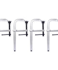 Heavy Duty Deep Throat F Clamp 12 Inch X 5-1/2 Steel Bar W Removable Swivel Pads For Welding Woodworking And Metalworking 4 Pack Set showing three clamps side by side.