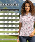 Model in Women’s Moisture-Wicking Golf Polo Shirt And Visor Set with USA 250th Anniversary themed print, showing size chart