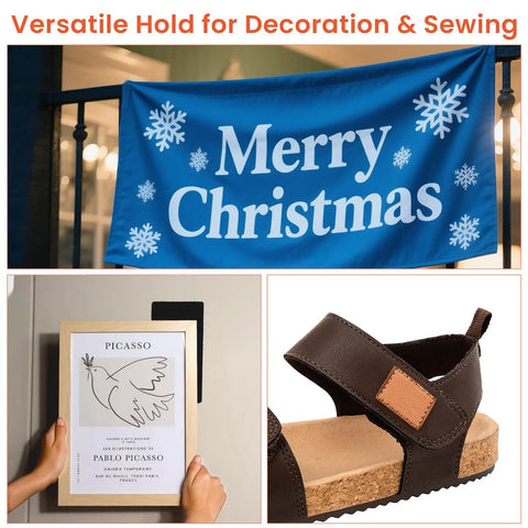 4x8 Inch Hook And Loop Tape Six Sets Strong Back Adhesive Fastener securing Christmas banner, picture, and sandal.