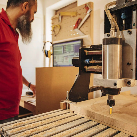 Smooth Operator 4 Piece 1/4 Inch Shank Flush Trim Router Bit Set With Bottom Bearings And Quick Swap Blades in a woodshop.
