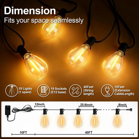 Illuminated bulbs of 50Ft Outdoor String Lights With Remote Control, Waterproof LED Patio Lights With 19 Plus 1 S11 Bulbs layout diagram.