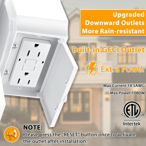 Close-up of Durable Dusk To Dawn Outdoor Porch Light With GFCI Outlet And Two Receptacles, showcasing built-in outlet details.