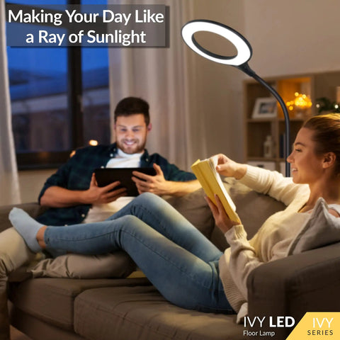 Couple reading under Gooseneck LED Floor Lamp For Office Reading And Bedrooms Non Glare Eye Safe Lighting 600 Lumens From 3 Watt LED Energy Saver Lit Brightness Ideal For Lash Extensions Makeup And Nail Spa Black