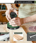 Solid Heavy Duty Five Inch Random Orbital Sander With Sweet Variable Speed Control Up To Thirteen Thousand Rpms and No Dust Cleanup in use.