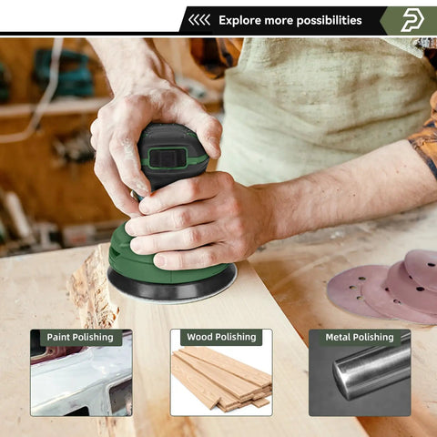 Solid Heavy Duty Five Inch Random Orbital Sander With Sweet Variable Speed Control Up To Thirteen Thousand Rpms and No Dust Cleanup in use.