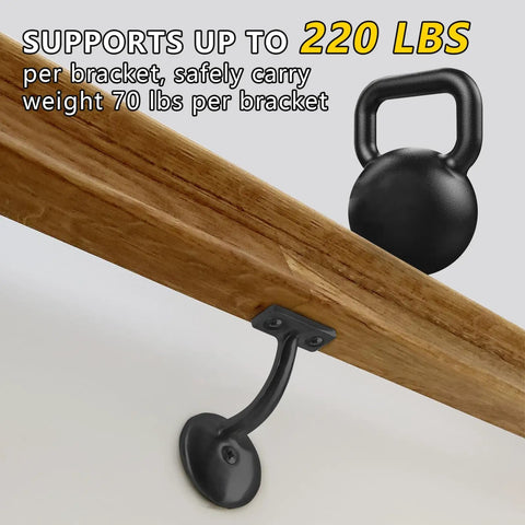 Heavy Duty Hand Rail Bracket Set 6 Pack For Stairs And Banisters, Matte Black zinc alloy bracket supporting wooden banister.