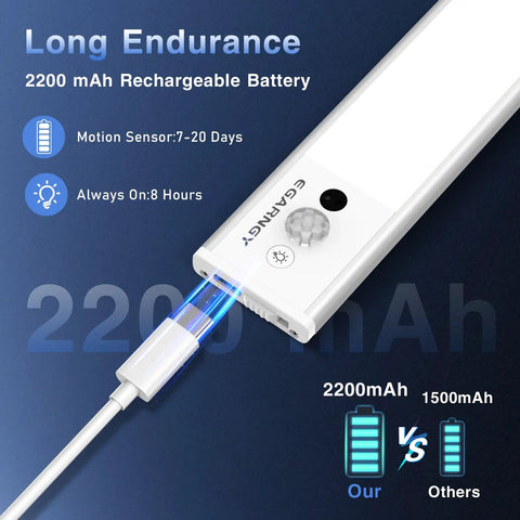 Under Cabinet Lighting With Motion Sensor And Hand Wave Activation, showing 2200mAh battery, USB charging cable connected