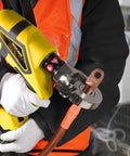 Heavy Duty Rechargeable Electric Wire Crimping Tool With Rotating Swivel Jaw And Complete Mold Kit in use, crimping copper cable lug.