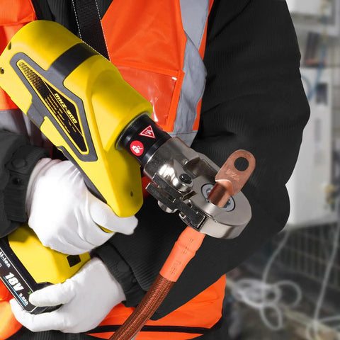 Heavy Duty Rechargeable Electric Wire Crimping Tool With Rotating Swivel Jaw And Complete Mold Kit in use, crimping copper cable lug.
