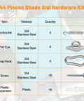 44-piece shade sail hardware kit details for 6 Inch Shade Sail Hardware Kit For Triangle And Rectangle Installations.